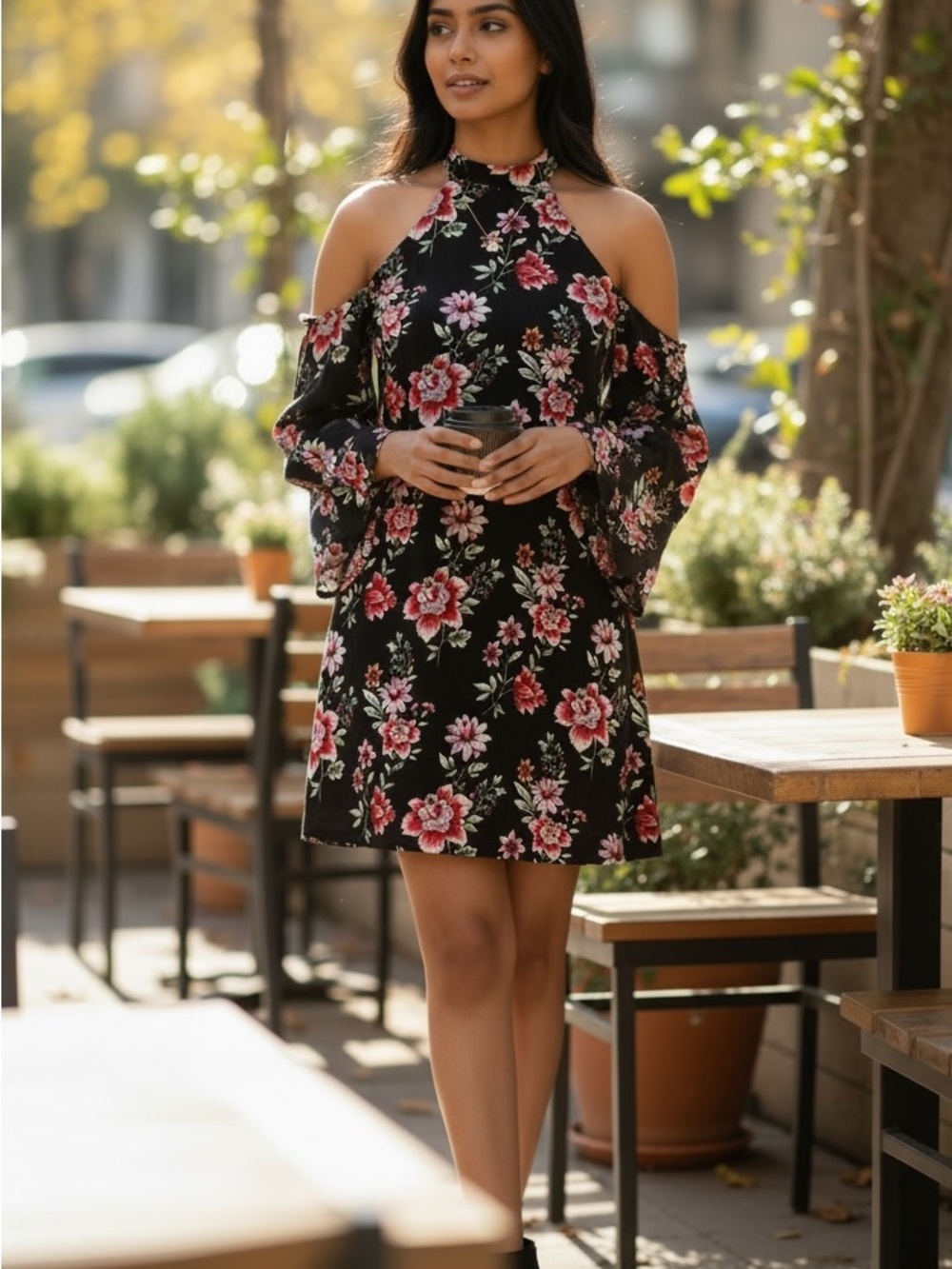 Cold-Shoulder Floral Halter Dress in Black and Pink